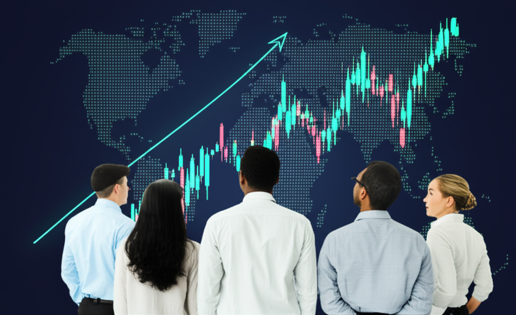 A diverse group of Thai traders looking at a large global forex market chart illustration of financial growth and security