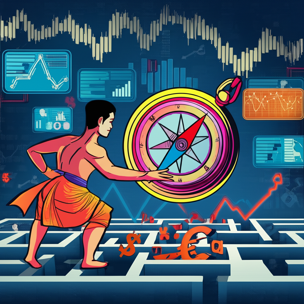 Illustration of a compass guiding a Thai trader through a complex forex market avoiding pitfalls