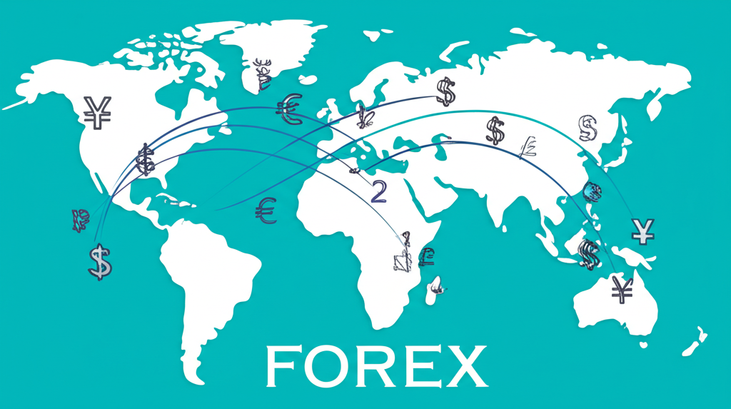 ภาพประกอบตลาด Forex ทั่วโลกกับสัญลักษณ์เงินตราที่ไหลเวียนบนแผนที่โลก แสดงการซื้อขาย 24 ชั่วโมง 5 วันต่อสัปดาห์