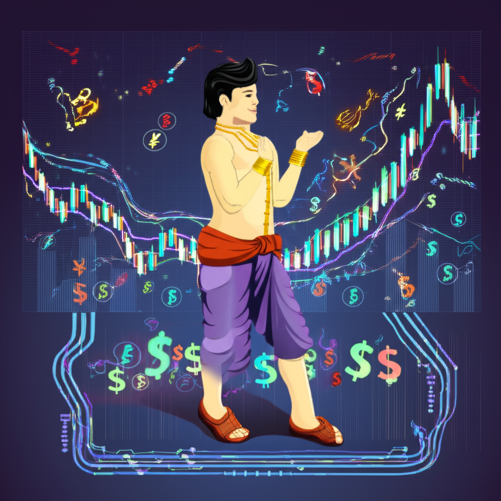 An illustration of a Thai trader confidently navigating a vibrant forex market with secure data lines