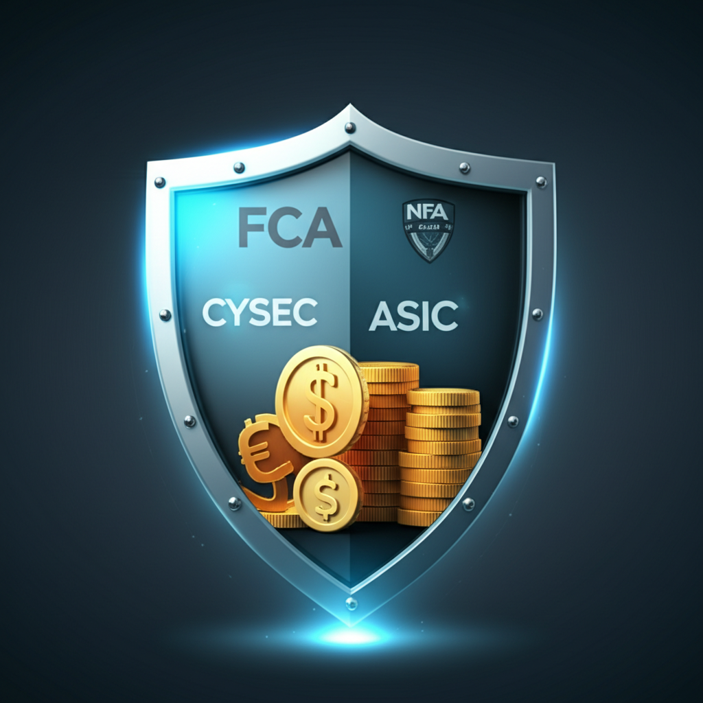 A protective shield with FCA CySEC ASIC NFA logos safeguarding investor funds illustration style
