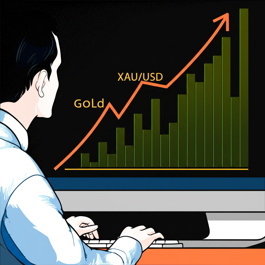 ภาพประกอบบุคคลกำลังดูกราฟทอง Forex บนหน้าจอคอมพิวเตอร์พร้อมสัญลักษณ์ XAU/USD และแนวโน้มขาขึ้น