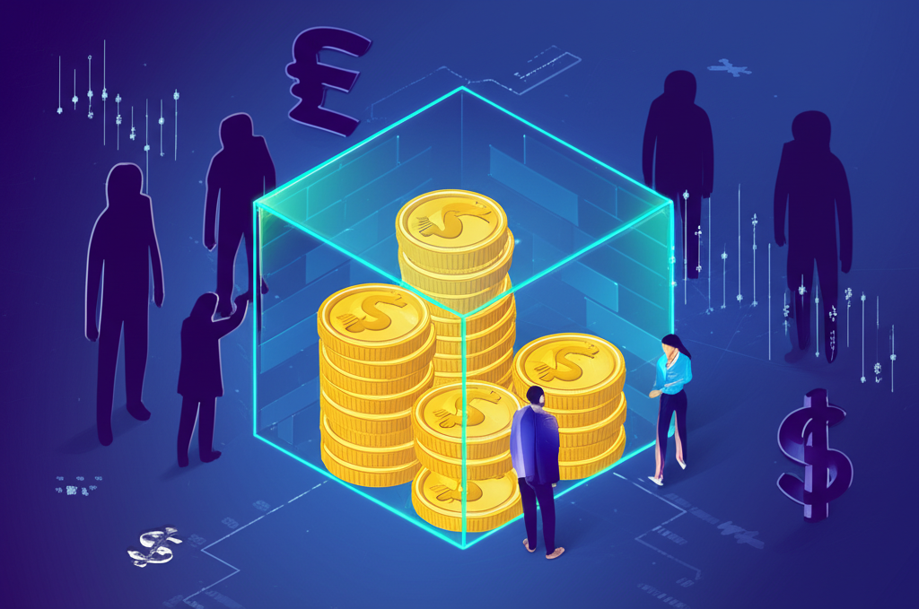 An illustration of a secure digital fortress protecting a stack of coins from shadowy figures representing unreliable brokers with a reliable broker as a trusted partner in a dynamic forex market