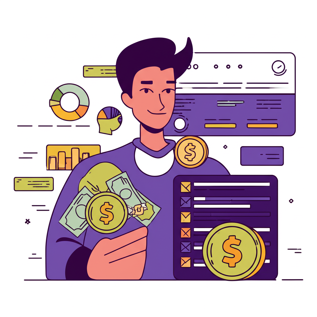 Illustration of a person understanding financial planning basics with charts and money symbols systematic management