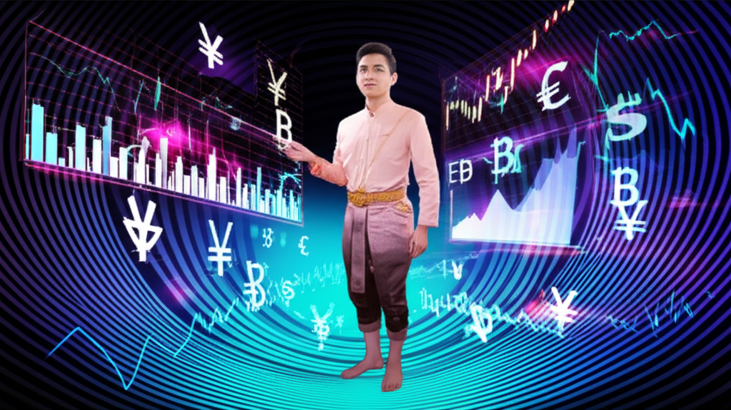 Illustration of a Thai trader confidently navigating a dynamic digital forex market with charts and currency symbols surrounding them