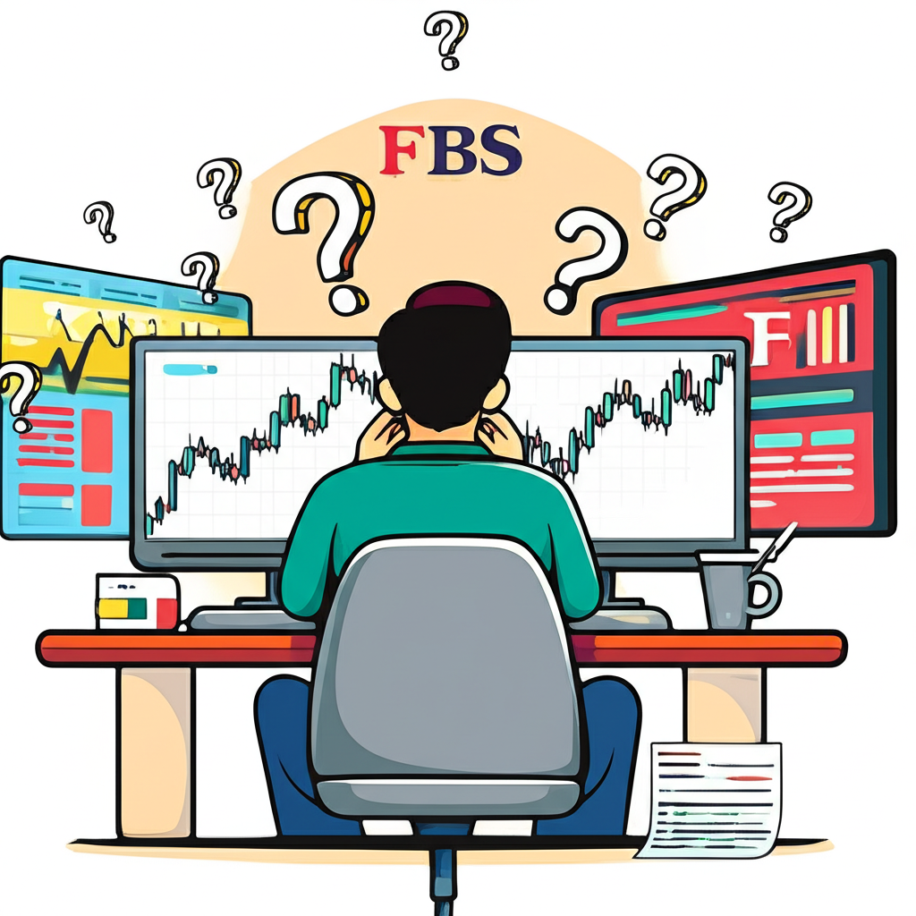 illustration Thai trader contemplating forex charts with FBS logo and question marks about broker quality