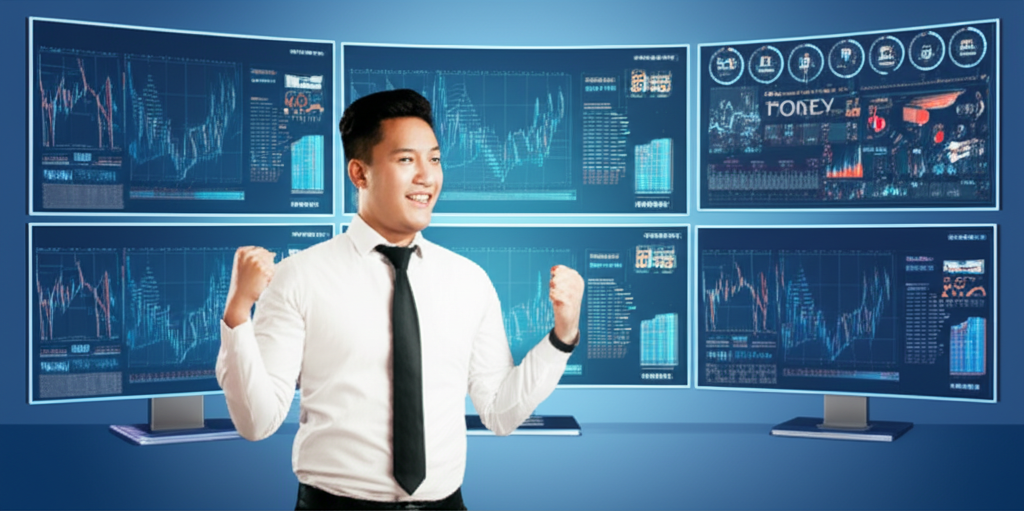 An illustration of a modern forex trading platform with technology symbols and a Thai trader making profit