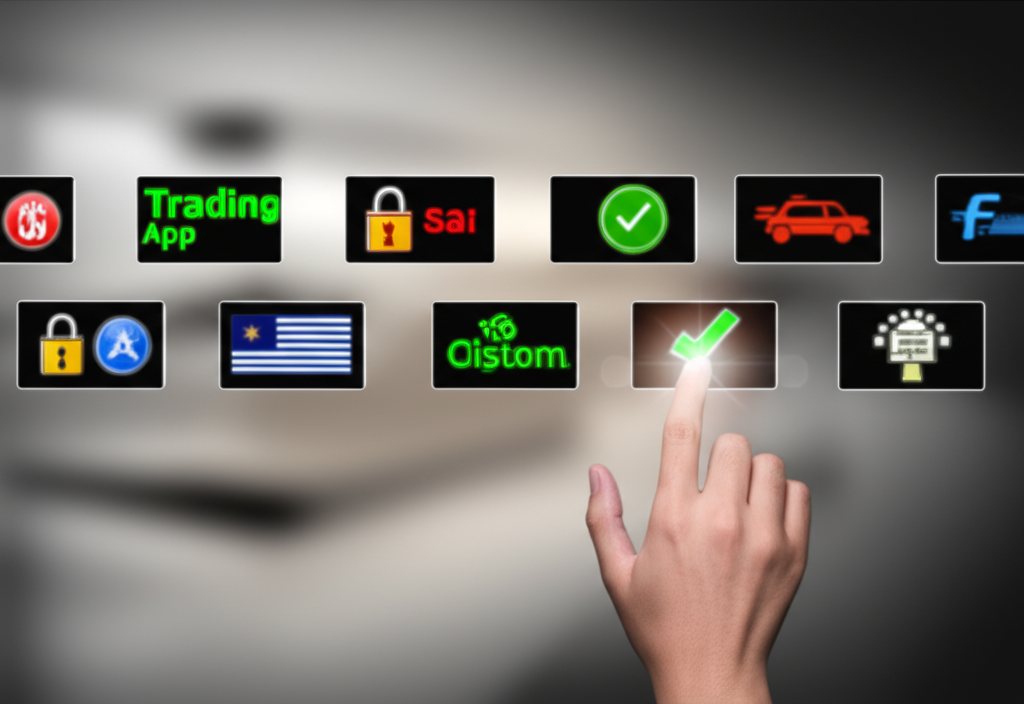 illustration a person carefully selecting a forex trading app from many options representing trust and security