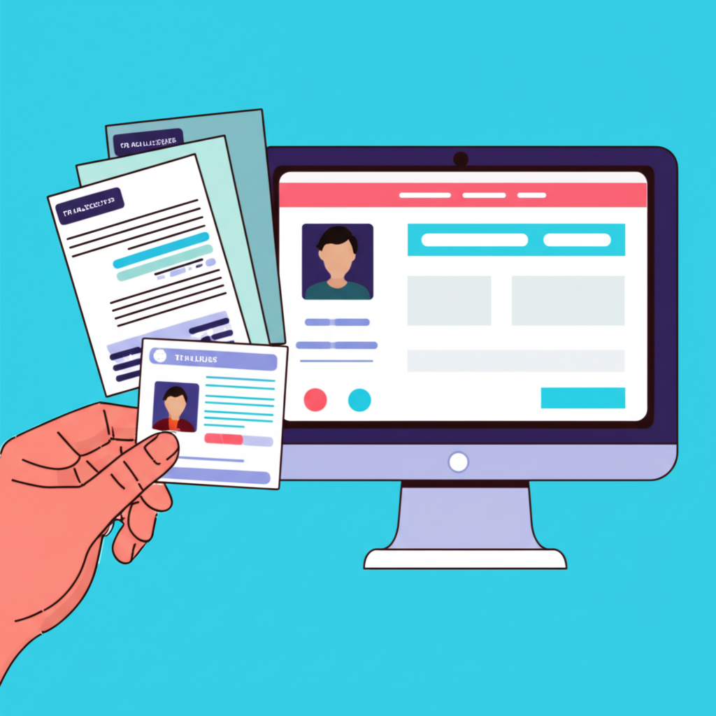 ภาพประกอบของบุคคลที่กำลังถือบัตรประชาชนไทยและเอกสารพร้อมหน้าจอคอมพิวเตอร์แสดงฟอร์มสมัครออนไลน์