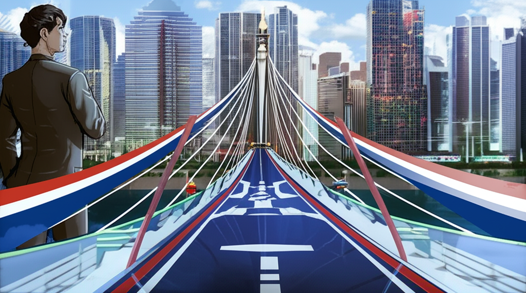 ภาพประกอบนักลงทุนไทยมองสะพานเชื่อมต่อตลาดการเงินพร้อมธงชาติไทย