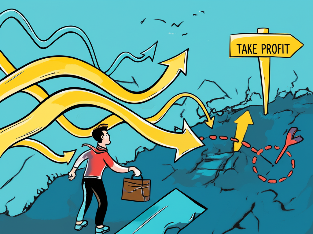 Illustration of a trader navigating a volatile market with a clear Take Profit destination