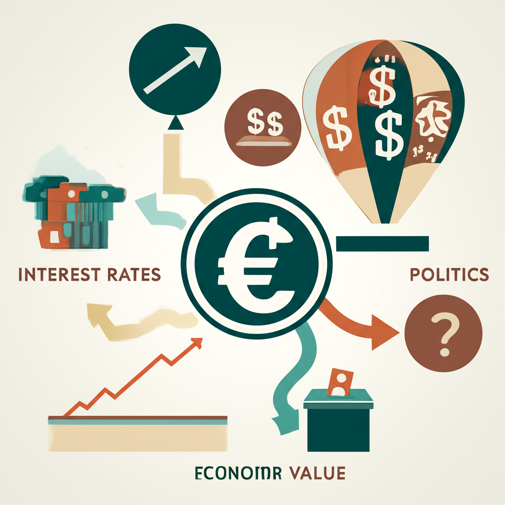 ภาพประกอบปัจจัยเศรษฐกิจมหภาค เช่น อัตราดอกเบี้ย เงินเฟ้อ และการเมือง ที่มีอิทธิพลต่อมูลค่าสกุลเงิน