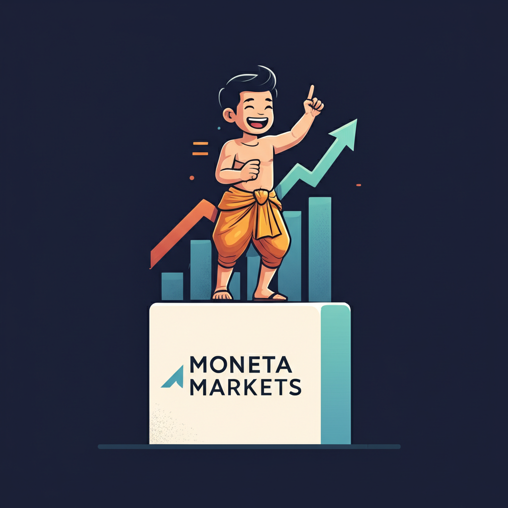 An illustration of Moneta Markets logo as a strong foundation supporting a happy Thai trader with financial growth charts