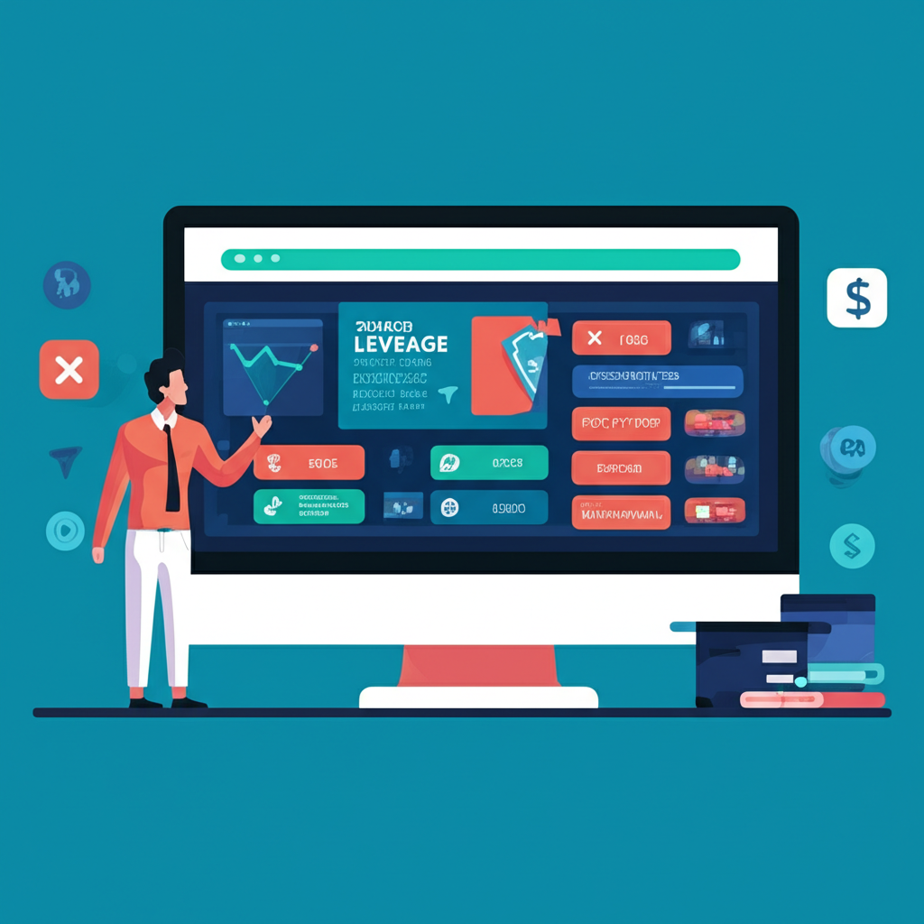 illustration of a trader looking at a trading platform interface displaying spread leverage account types and deposit withdrawal options