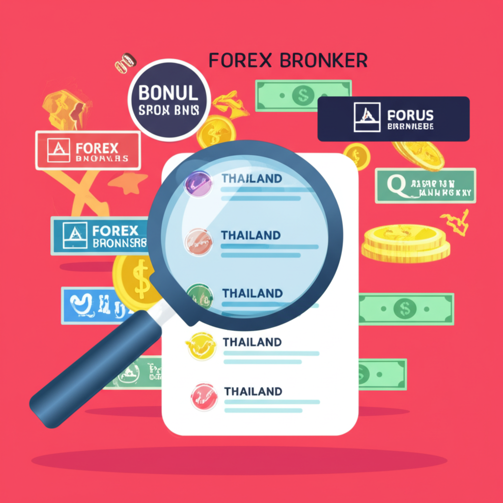 illustration of various forex brokers competing with bonus offers in Thailand a magnifying glass examining bonus terms