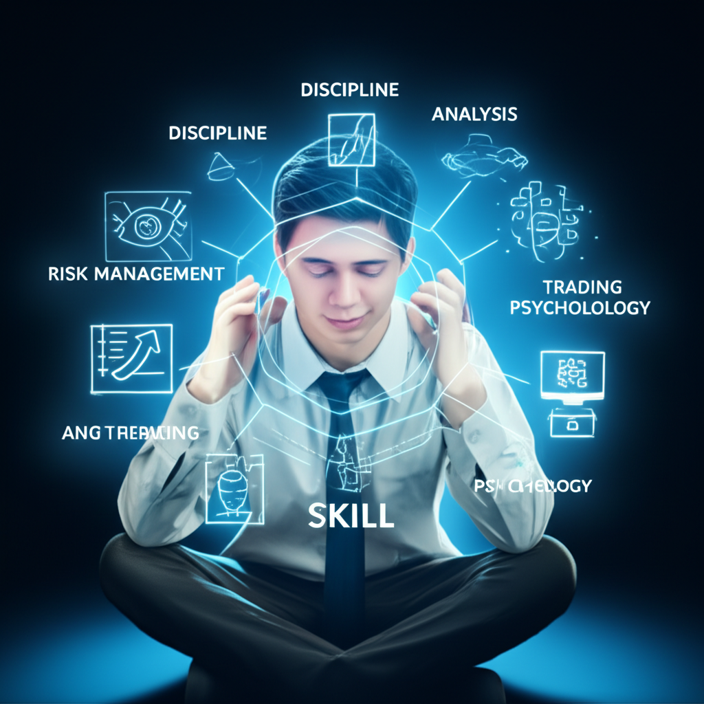An illustration of a person surrounded by skill icons like discipline analysis risk management and trading psychology
