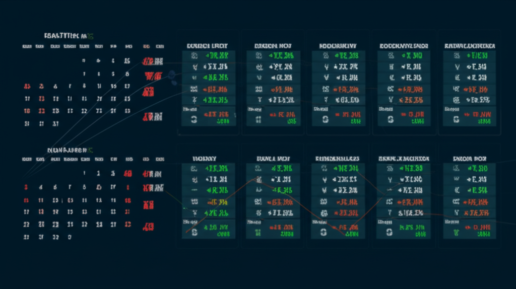 ภาพประกอบของปฏิทินเศรษฐกิจดิจิทัลที่แสดงข้อมูลทางการเงินแบบเรียลไทม์ อัตราเงินเฟ้อ อัตราดอกเบี้ยที่ส่งผลต่อตลาดสกุลเงินทั่วโลก