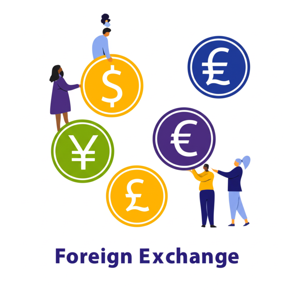 ภาพประกอบผู้คนหลากหลายแลกเปลี่ยนสกุลเงินทั่วโลก แสดงถึงความสำคัญของการแลกเปลี่ยนเงินตราต่างประเทศ