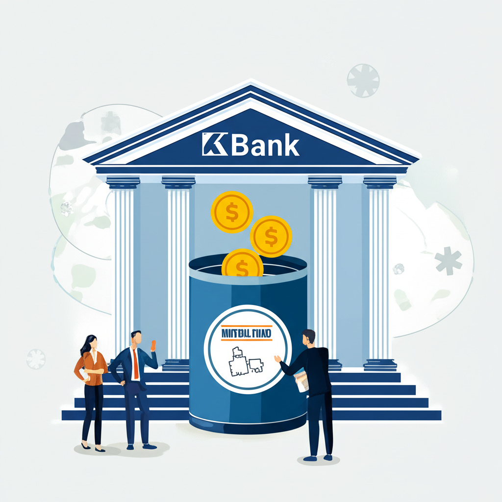 ภาพประกอบตึกธนาคารแบบดั้งเดิมพร้อมโลโก้ KBank และคนตัวเล็กฝากเงินลงทุนในกองทุนรวมกับผู้จัดการมืออาชีพดูแล