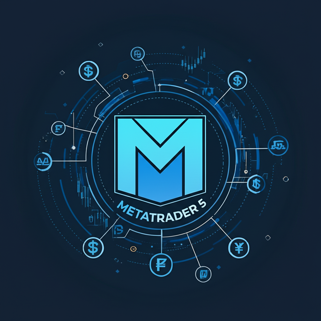 MetaTrader 5 logo with financial market icons like forex, stocks, and futures