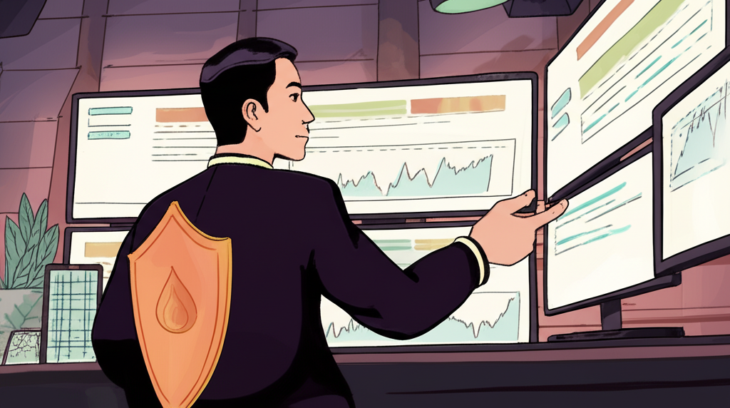 illustration a thai trader navigating forex market opportunities and challenges with a shield for safety