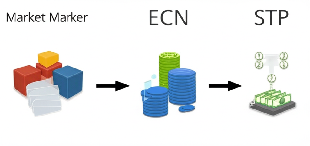 illustration showing three distinct types of forex brokers market maker ECN and STP each with their unique characteristics
