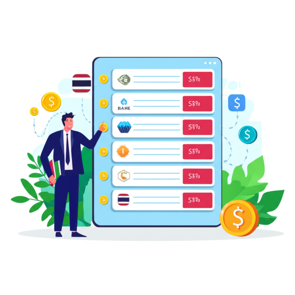 ภาพประกอบของนักลงทุนไทยที่กำลังเลือกโบรกเกอร์ Forex อย่างมั่นใจจากรายการบนหน้าจอ พร้อมโลโก้ธนาคารไทยและสัญลักษณ์การถอนเงินรวดเร็ว