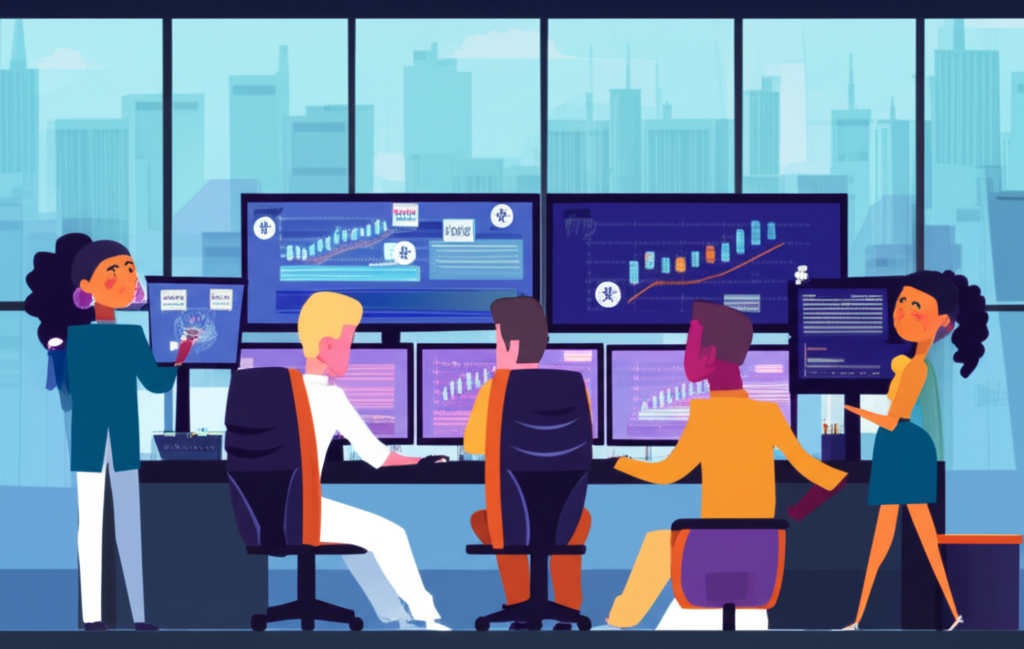 A diverse group of Thai traders engaging with global financial markets on screens showing forex charts and currency symbols illustration
