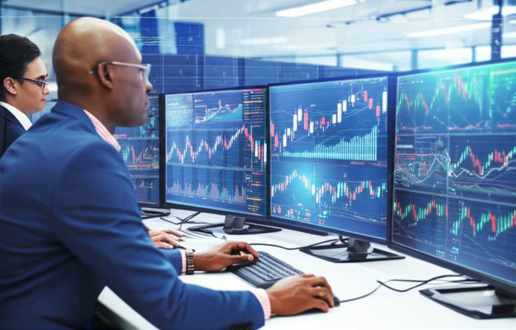 Global traders on computers with currency charts showing 24-hour forex market activity illustration