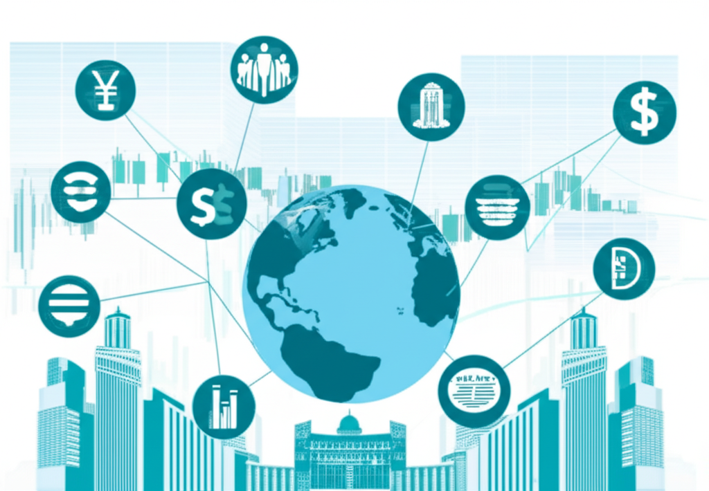 ภาพประกอบตลาดแลกเปลี่ยนสกุลเงินทั่วโลกที่เชื่อมโยงสถาบันการเงินด้วยกราฟการเทรด