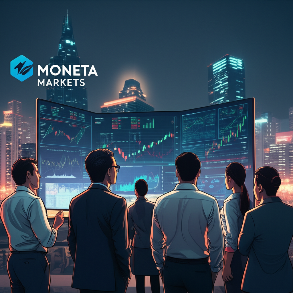 Illustration of a diverse group of Thai traders looking at a large screen displaying forex charts and Moneta Markets logo vibrant city skyline in background future 2025 concept