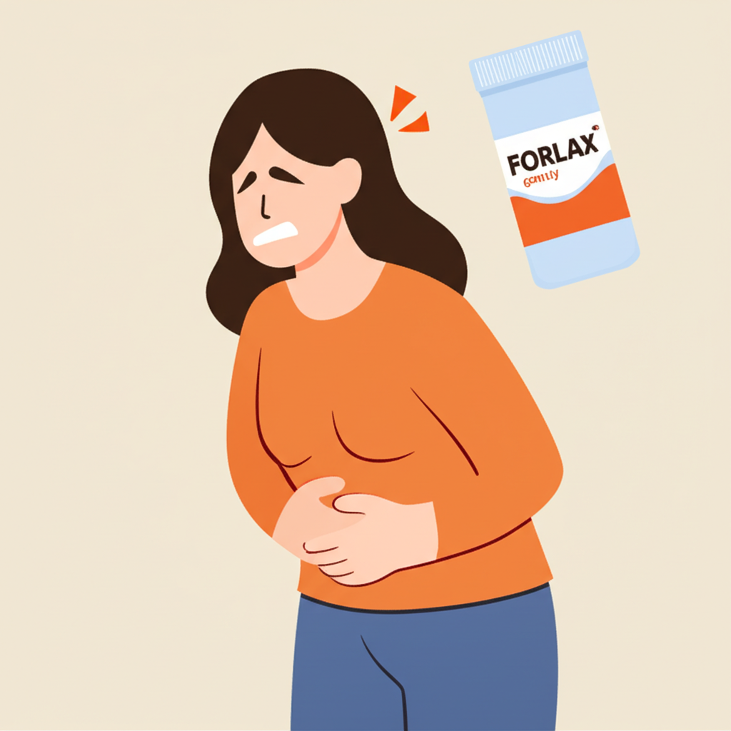 ภาพประกอบคนรู้สึกไม่สบายจากอาการท้องผูกพร้อมขวด Forlax ลอยอยู่ใกล้ๆ