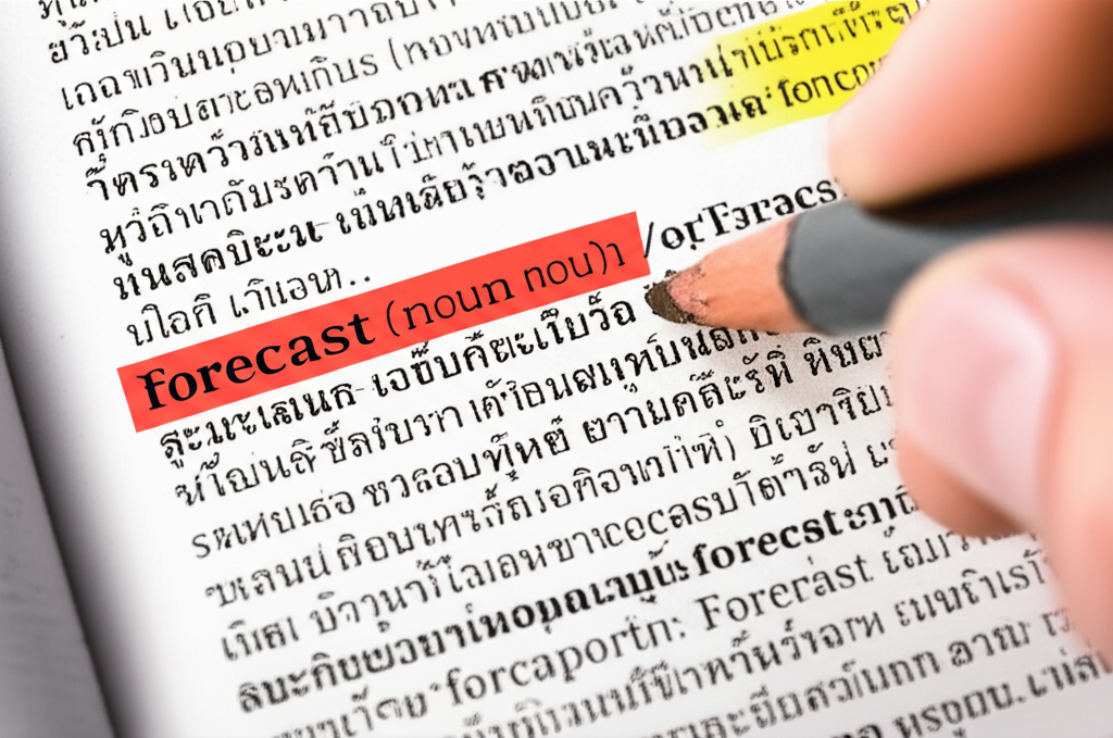 หน้าหนังสือพจนานุกรมแสดงคำนิยาม forecast เป็นคำนามและคำกริยาพร้อมคำแปลไทยและตัวอย่าง