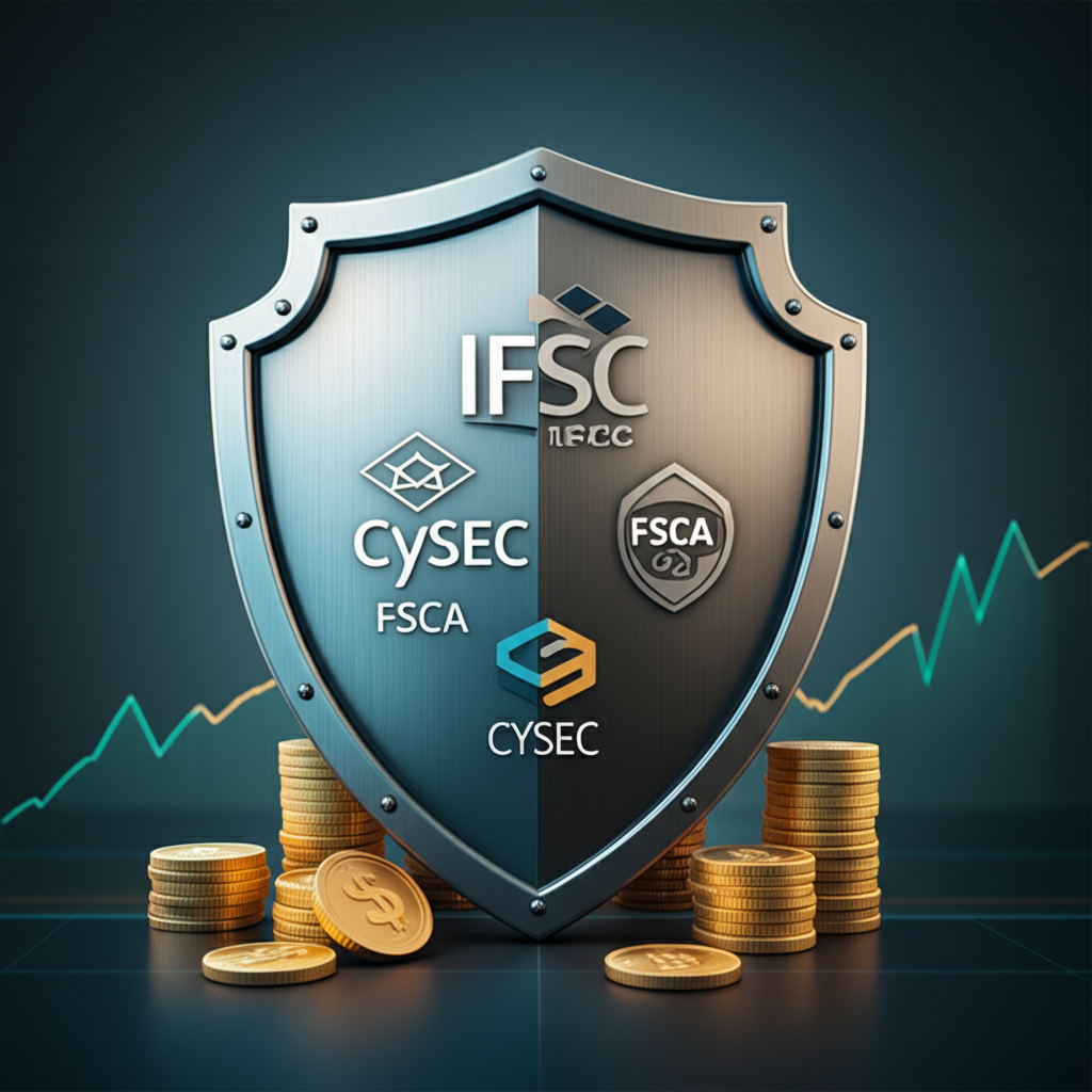 illustration strong regulatory shield with IFSC CySEC FSCA logos protecting client money and secure trading