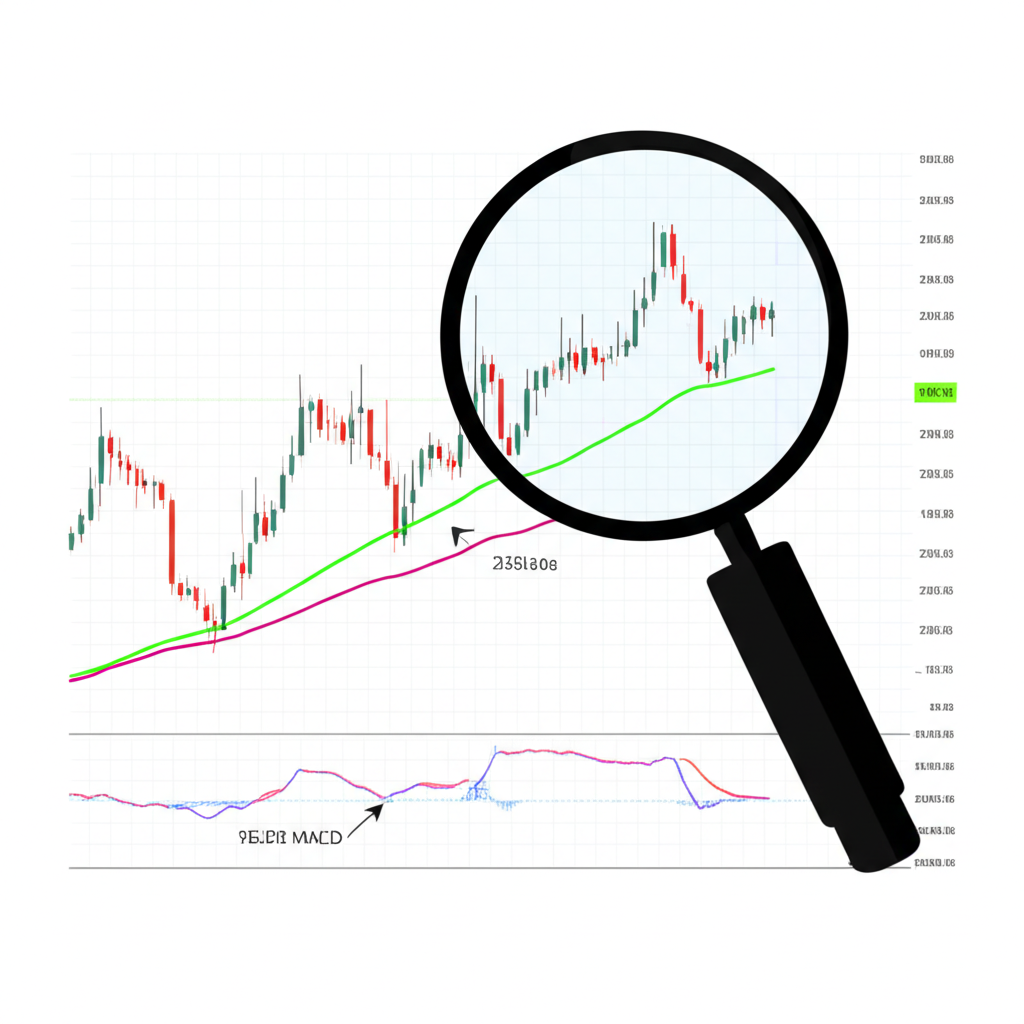 Illustration of a magnifying glass highlighting the difference between price movement and a momentum indicator on a chart hinting at upcoming market changes