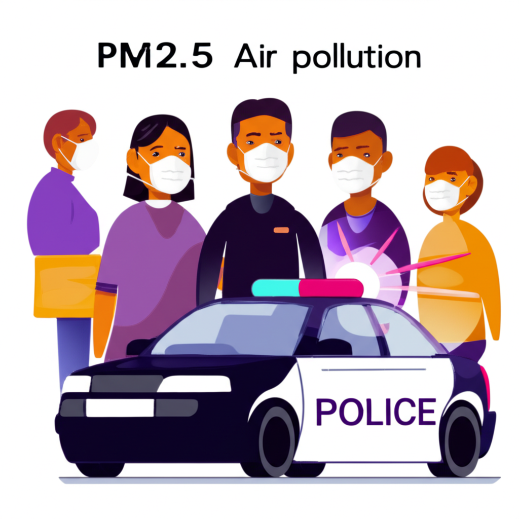 ภาพประกอบผู้คนสวมหน้ากากป้องกัน PM2.5 และรถตำรวจ สื่อถึงข่าวสังคมและอาชญากรรม