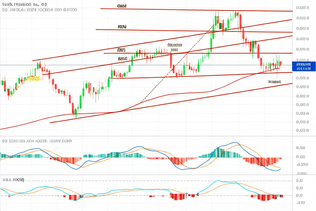 ภาพประกอบกราฟทองคำพร้อมเส้นแนวรับ-แนวต้าน เทรนด์ไลน์ และตัวชี้วัดทางเทคนิคยอดนิยมอย่าง MA RSI และ MACD