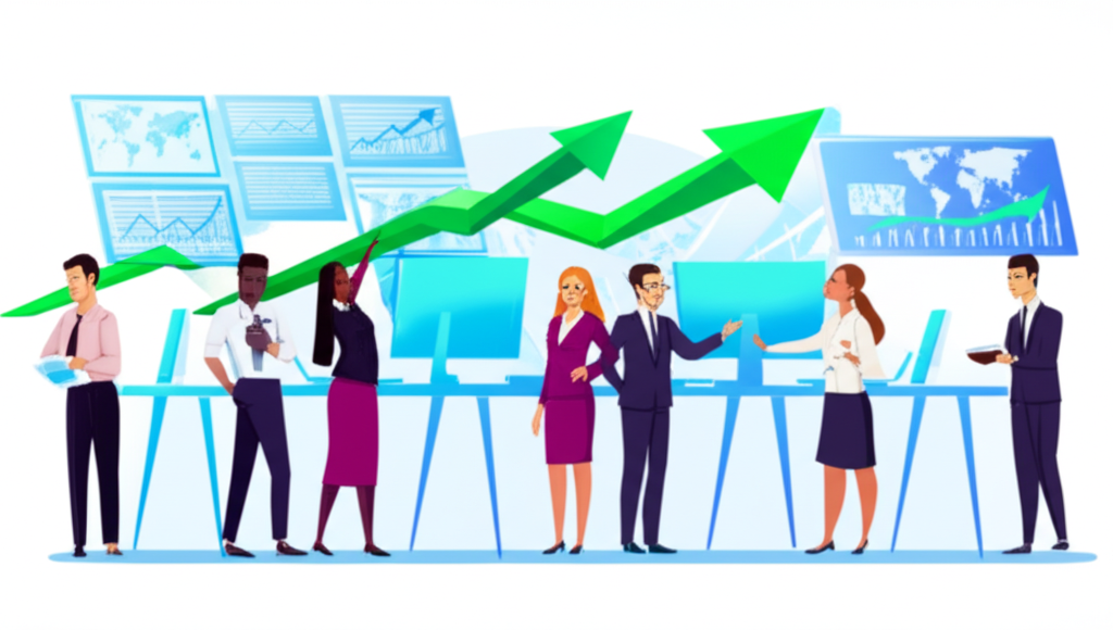 illustration of a diverse group of Thai traders looking at global financial charts with growth arrows