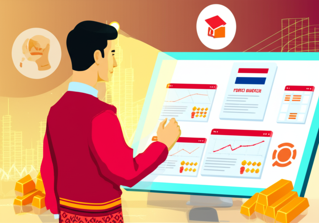 นักเทรดชาวไทยกำลังเปรียบเทียบโบรกเกอร์ Forex หลายรายบนหน้าจอ พร้อมด้วยแผนภูมิและทองคำแท่ง สะท้อนการตัดสินใจอย่างชาญฉลาดในปี 2025