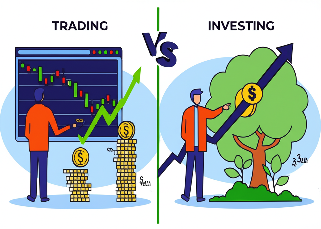 ภาพประกอบเปรียบเทียบการเทรดกับการลงทุนพร้อมกราฟตลาดและสินทรัพย์ที่เติบโต