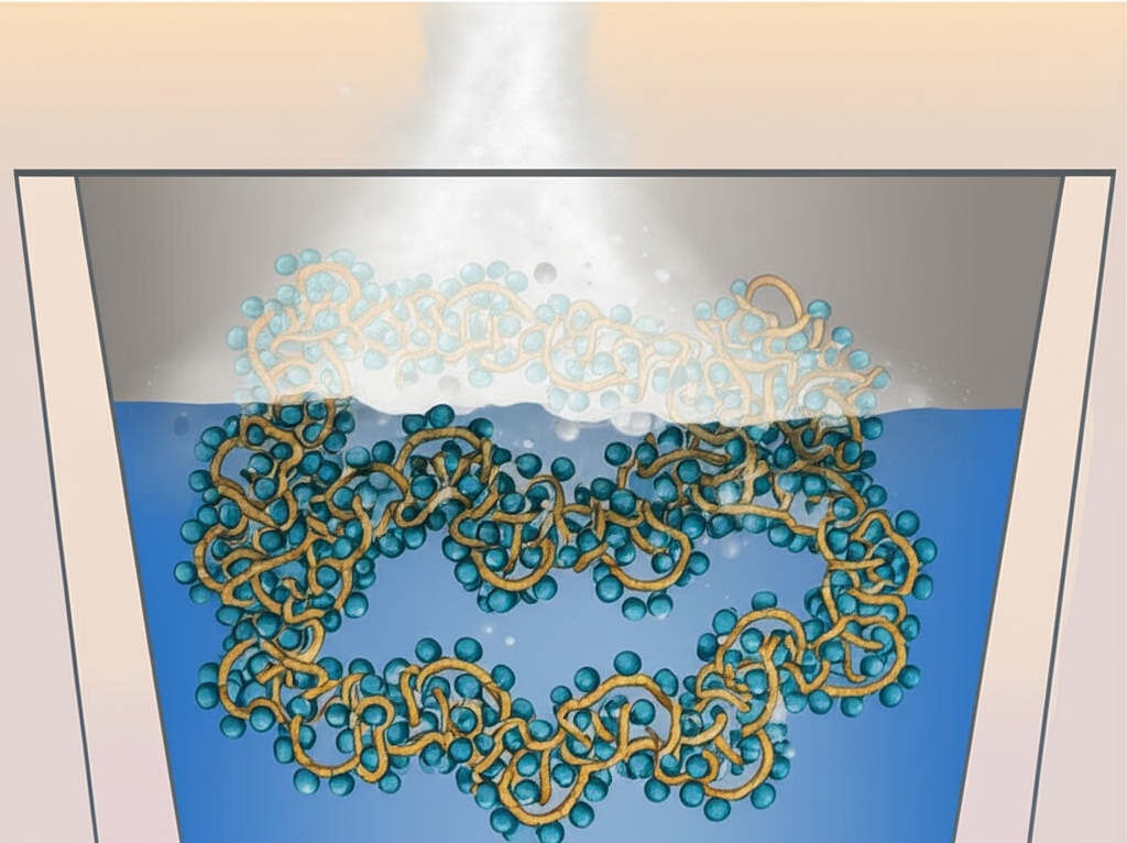 ภาพประกอบผง Forlax ละลายในน้ำ แสดงโมเลกุลมาโครโกลดึงดูดน้ำเข้าสู่ลำไส้อย่างอ่อนโยน