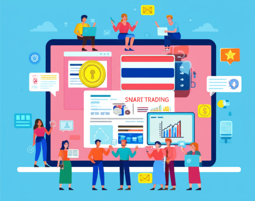 An illustration of a diverse group of Thai traders making smart choices in a secure online trading environment