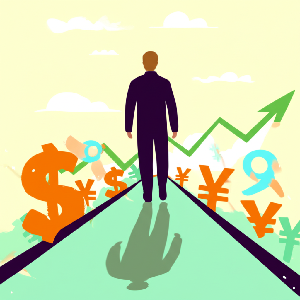 ภาพประกอบบุคคลก้าวเข้าสู่เส้นทางการเติบโตทางการเงินด้วยสัญลักษณ์สกุลเงิน กราฟ และการเทรดฟอเร็กซ์ในประเทศไทย