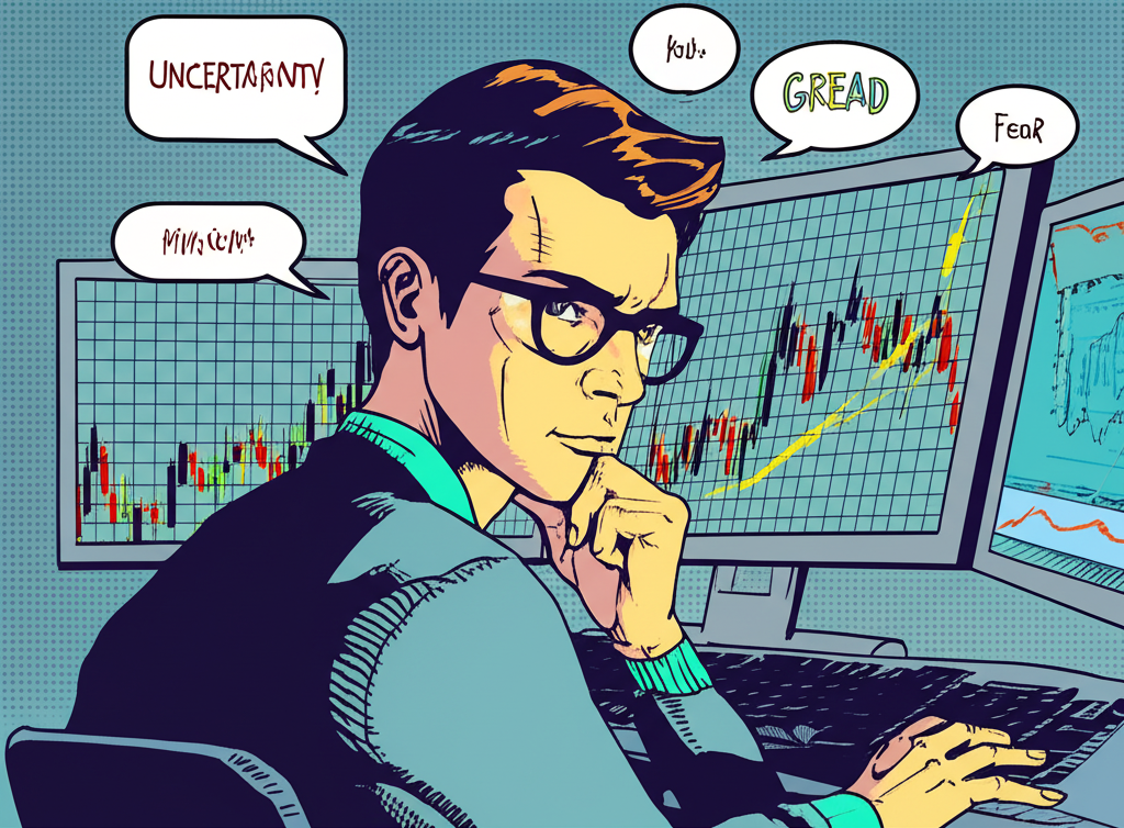 ภาพประกอบนักเทรดวิเคราะห์รูปแบบกราฟในตลาดฟอเร็กซ์พร้อมความผันผวนของราคาและจิตวิทยาตลาด