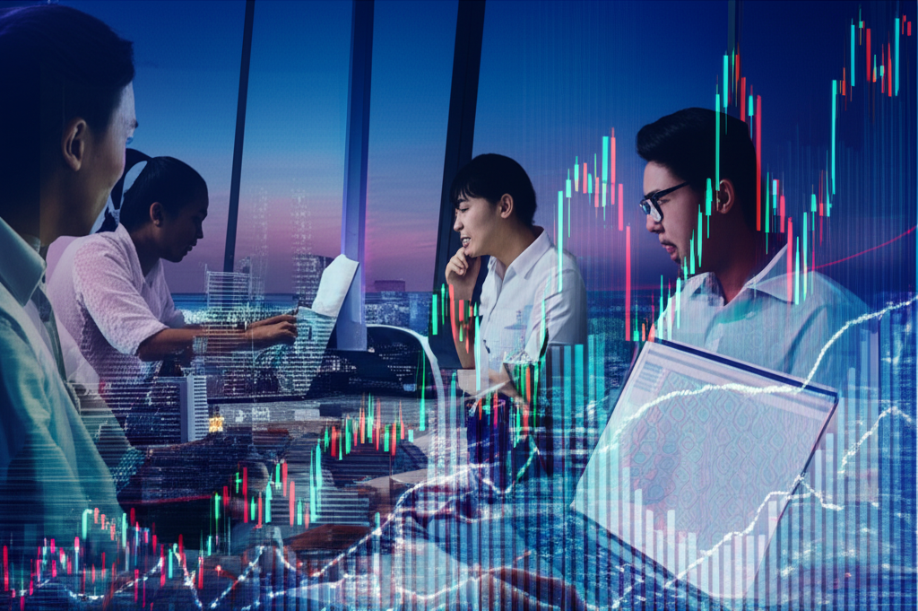 A group of diverse Thai traders analyzing forex charts on laptops with city skyline in background illustration