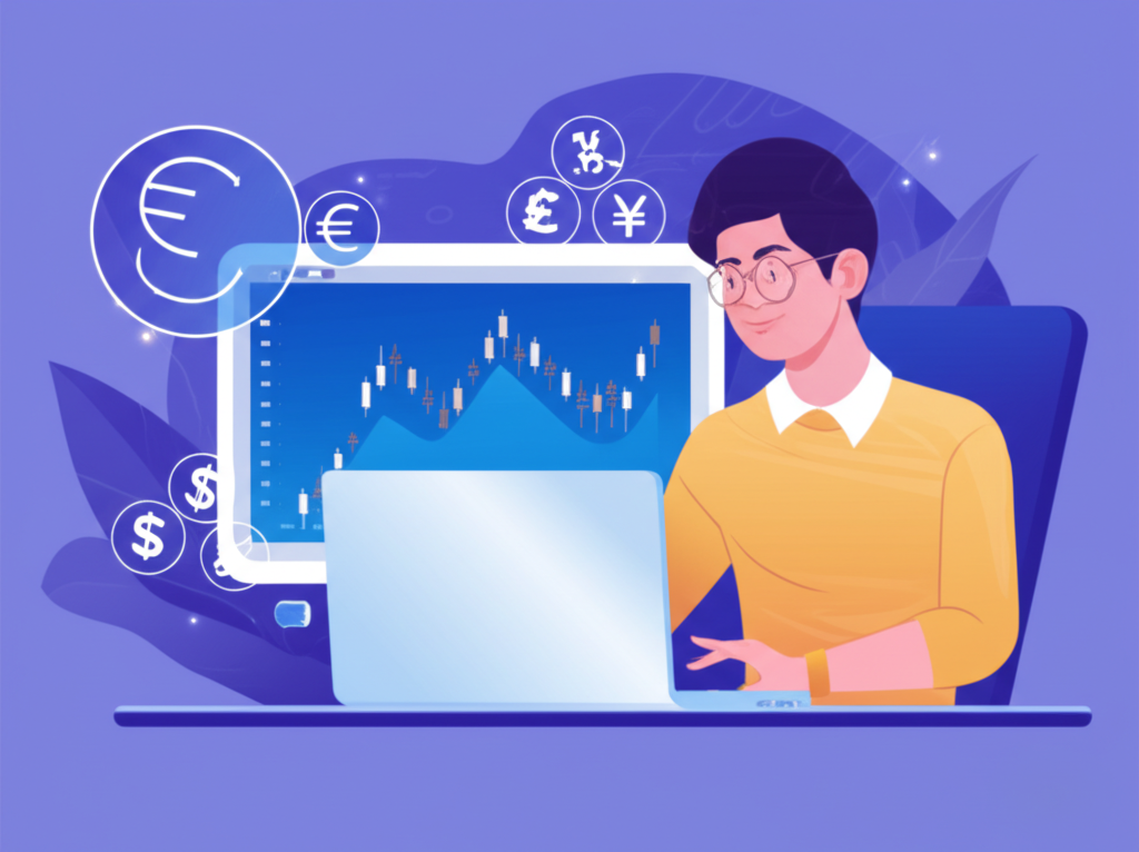 ภาพประกอบนักลงทุนไทยที่มั่นใจในการเทรด Forex บนแพลตฟอร์มที่เสถียรพร้อมสัญลักษณ์สกุลเงินและกราฟตลาดโลก