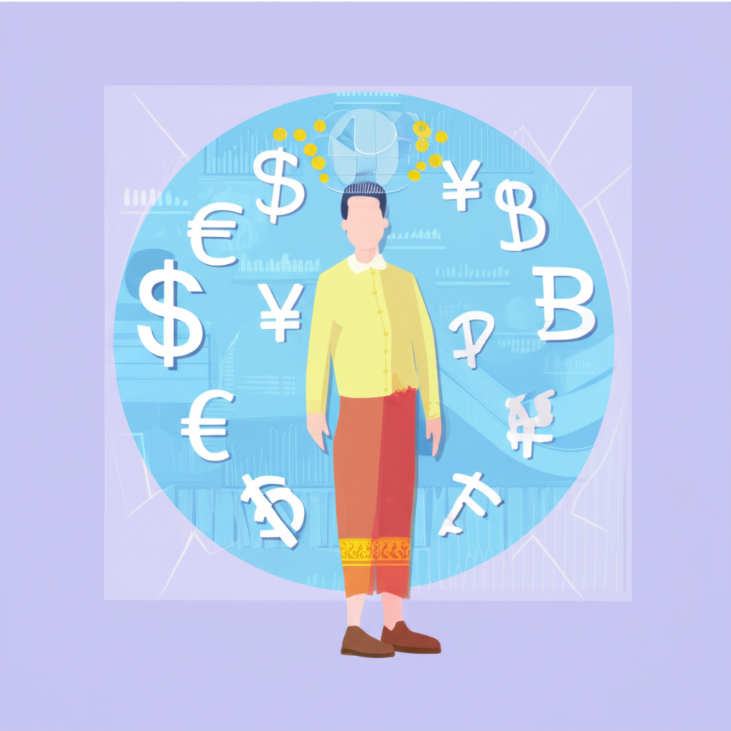 ภาพประกอบเทรดเดอร์ไทยที่กำลังนำทางตลาด Forex โลกอย่างมั่นใจ พร้อมสัญลักษณ์สกุลเงินรอบตัว