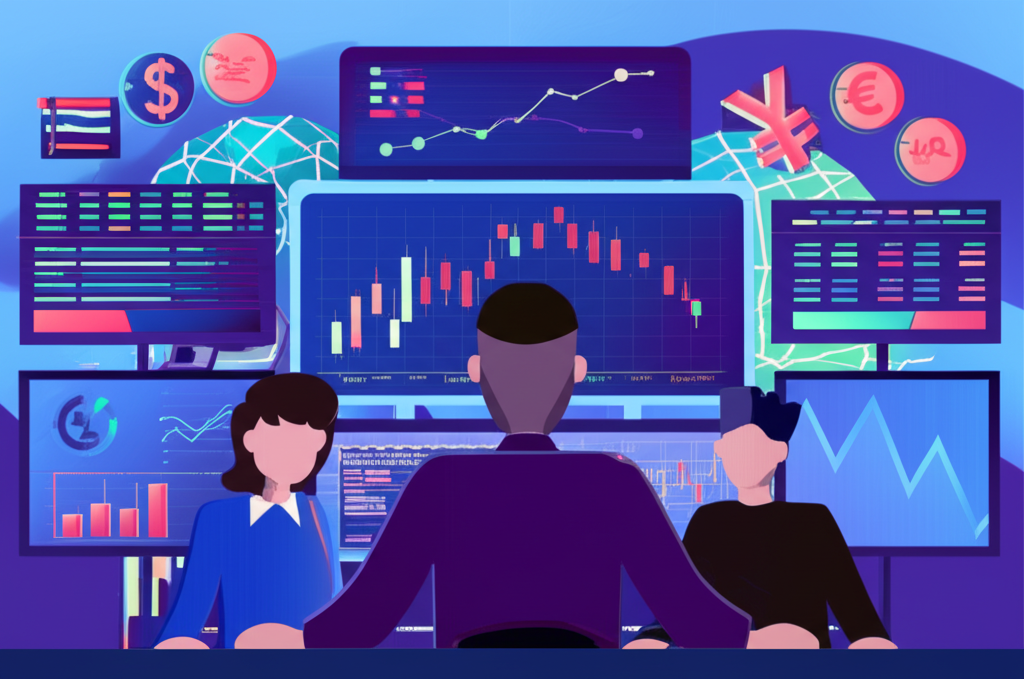 Thai investors confidently trading forex on screens with charts and global currencies in the background illustration style