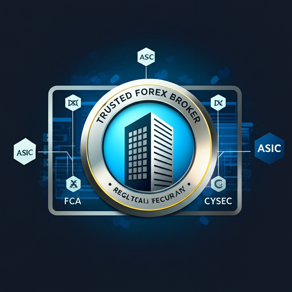 illustration of a trusted forex broker with multiple international regulatory body logos like ASIC FCA CySEC surrounding it
