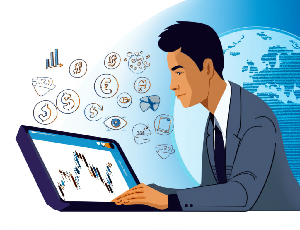 Illustration of a Thai trader confidently analyzing Forex charts on a laptop with global market symbols